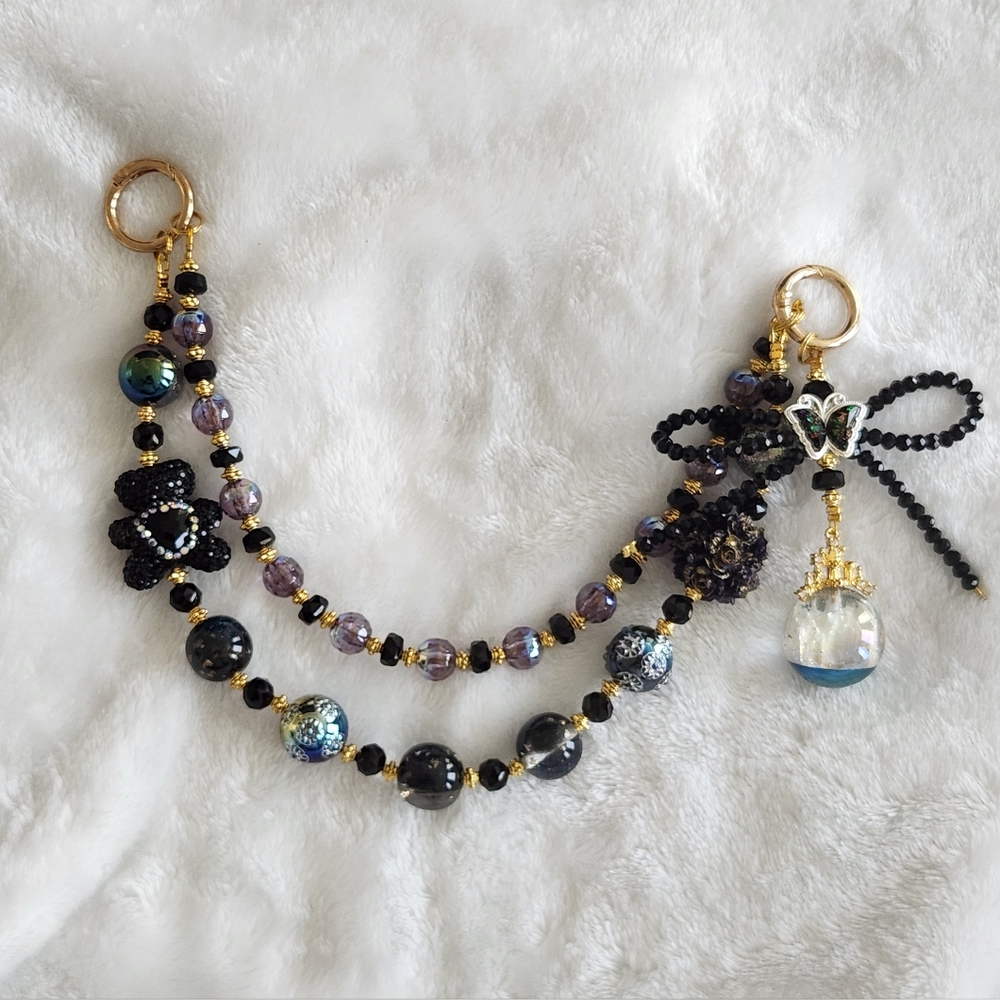 Beaded Black & Gold Double-Strand Bag Charm with Glass Castle Orb